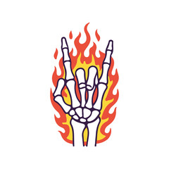 rock and roll flame fire hand bone skull art vector illustration