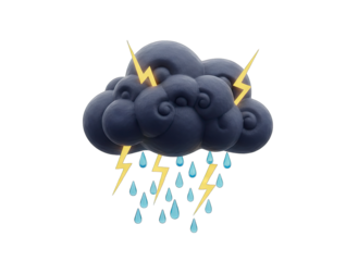 Dark textured storm cloud with yellow lightning strikes and falling blue rain droplets against a transparent background a stormy weather concept