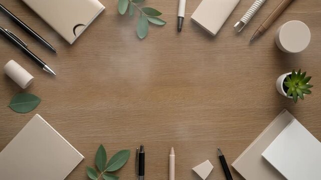 Minimalist Desk Workspace with Stationery and Plants on Wooden Surface