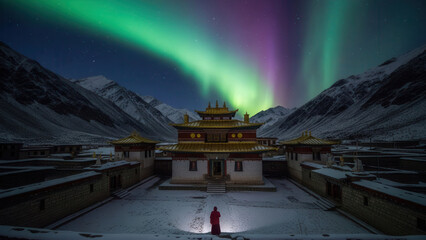 Monk standing in front of Himalayan temple in snowy mountains under aurora borealis night sky.