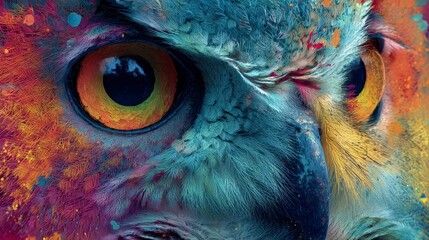 Close-up of a vibrant owl eye, showcasing intricate detail and colorful paint splatter on feathers. Intense gaze is evident