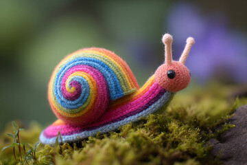 Colorful snail made of yarn on green moss in a garden brightened by soft sunlight
