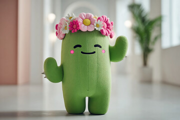 Cute green character waves while wearing a flower crown in a bright indoor space with plants