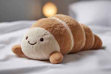Soft brown plush toy shaped like a croissant rests on a bed in a bright room during the day
