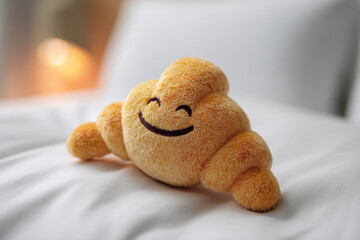 Cute plush croissant on a white bed, smiling and looking cozy during morning time at home