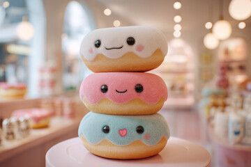Stack of cute soft donuts in a colorful dessert shop with bright lights and cheerful decorations