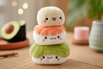 Cute plush sushi toys stacked on a table with green plant and wooden texture