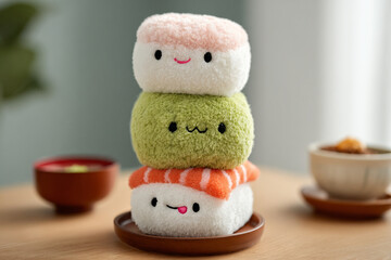 Soft plush toys shaped like sushi stacked on a wooden table with tea set in the background