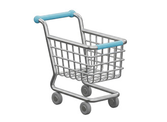 Empty Silver Shopping Cart with Light Blue Handle and Basket Grid on Transparent Background