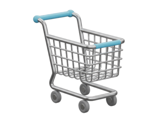 Empty Silver Shopping Cart with Light Blue Handle and Basket Grid on Transparent Background