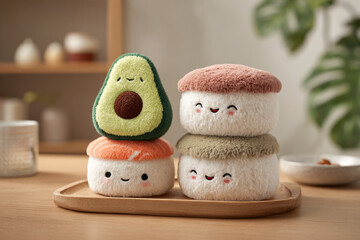 Cute plush food toys are placed on a wooden tray in a well-lit indoor space with plants in the background