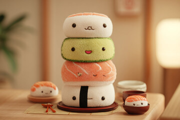 Cute plush sushi stacked on a wooden table in a cozy setting with small dishes and plant in the background