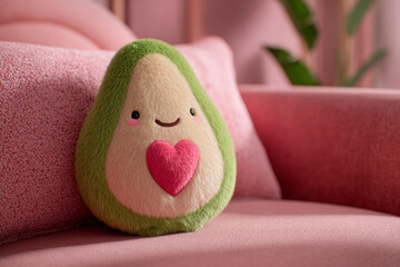 Soft avocado plush toy on pink couch with greenery in background