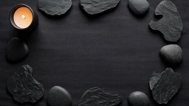 Serene black stones and candle on dark background, perfect for wellness and relaxation themes