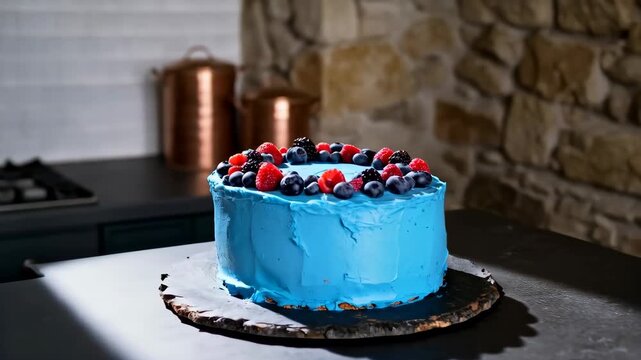 Blue frosted cake sits on a rustic wooden board in a modern kitchen. Smooth buttercream icing is topped with mixed berries as a fresh garnish. Directional natural light highlights texture and color co