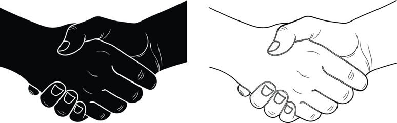 Handshake black silhouette and outline drawing set, business agreement, partnership, success, cooperation, deal closing, greeting gesture, vector illustration. © its