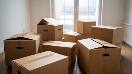 Brown cardboard boxes stacked in empty room with window