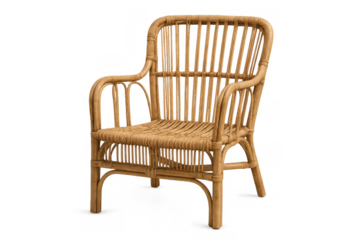 Rattan armchair offering rustic bohemian style and natural comfort. Wicker furniture with a handmade design. Transparent background
