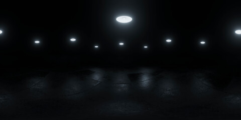 Dark room with circular ceiling lights