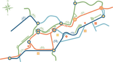 Colorful abstract subway map with stations and lines for public transportation.