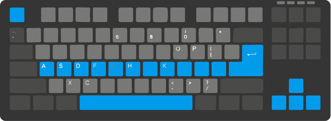 Top-down view of a dark computer keyboard with blue highlighted gaming keys.