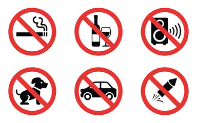 No Smoking, Drinking, Noise, Dogs, Cars, and Fireworks Sign Collection, prohibition and safety signs ideal for public spaces, parks, and event management