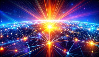 Digital global network with glowing Earth, vibrant light beams symbolizing technology and data connectivity.