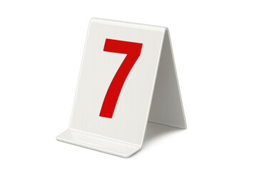 Table number seven sign for restaurant, event, or ordering, displaying a bold red numeral on a white stand