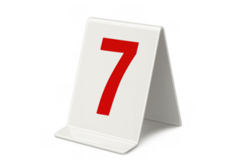 Table number seven sign for restaurant, event, or ordering, displaying a bold red numeral on a white stand