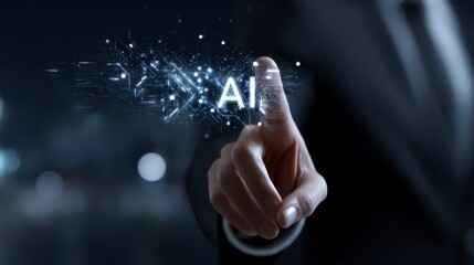 Close-up of a hand touching a glowing "AI" in mid-air, surrounded by digital particles, against a blurred background