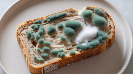 Moldy bread on a plate with green and white fungus
