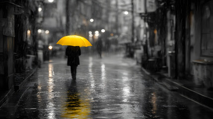 Rainy Stroll Under a Yellow Umbrella: A solitary figure, shielded by a vibrant yellow umbrella, navigates a rain-slicked street, surrounded by muted tones of buildings and atmospheric streetlights.
