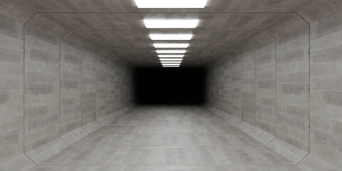 Empty concrete tunnel with bright lights