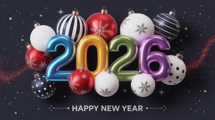 Festive 2026 New Year celebration with colorful ornaments and glitter