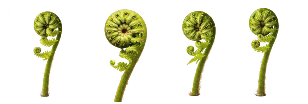 Set of Fresh Fiddlehead Ferns Collection (Matteuccia struthiopteris), Organic Wild Edible Fern Vegetable Illustration for Gourmet, Seasonal and Healthy Food Design, isolated on transparent PNG backgro