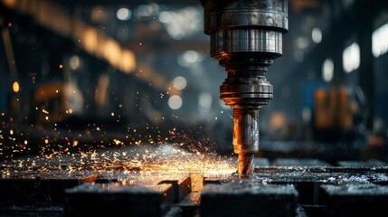 Close-up of a drill press in a factory setting, creating sparks as it works on a metal surface, showcasing industrial process