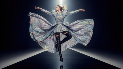 Female fashion model in metallic pleated dress dancing with dramatic movement on dark stage.