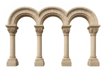 Arched stone columns forming a classic arcade, a detailed architectural element with carved capitals on transparent background