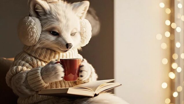 Cute arctic fox character in a sweater and earmuffs reading a book and drinking a hot beverage for a cozy winter hygge concept with warm golden light