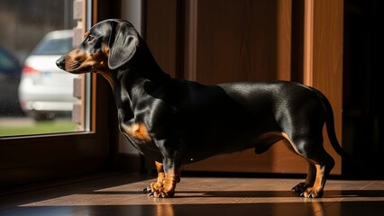 A sleek black and tan dachshund gazes out a window bathed in warm sunlight