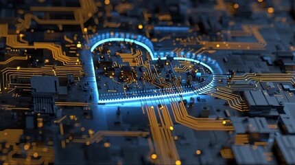 A glowing blue heart-shaped circuit board symbolizing technology and innovation. - Powered by Adobe