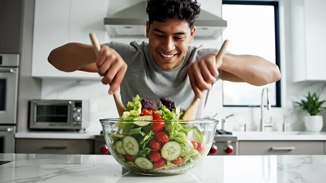 Man Tossing Salad in Kitchen - Healthy Eating and Lifestyle.