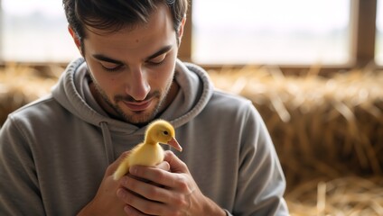 Moments of tenderness on a farm: a young man in a gray hoodie carefully holds a small yellow duckling in his hands, the concept of caring for animals and rural life.