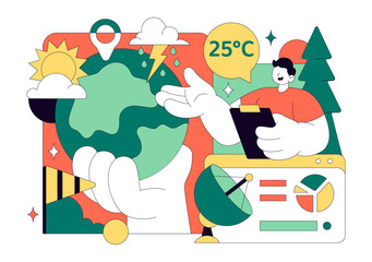 Meteorologist Vector Illustration Featuring A Weather Forecaster Analyzing Atmospheric Precipitation Maps And Weather Patterns on a Flat Background