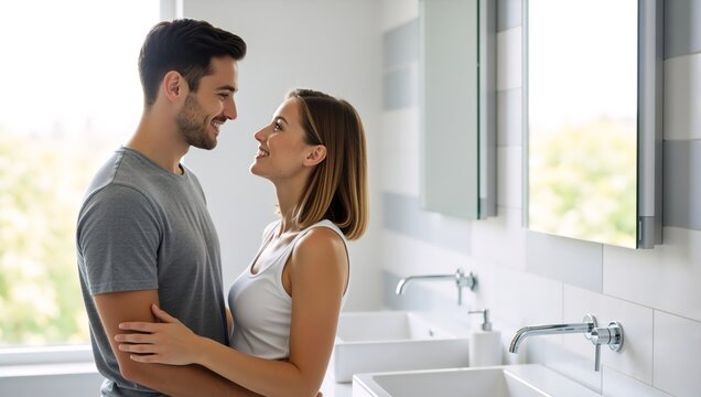 Happy young couple smiling tenderly and looking at each other while standing in bright modern bathroom, concept of love, life together and comfort.