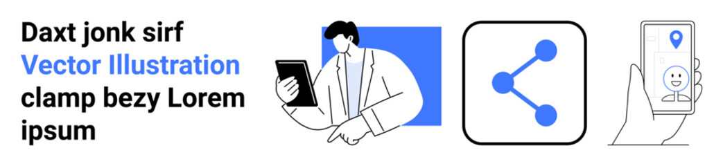 Digital networking, communication, technology devices, internet sharing, mobile connectivity, social media. A person with a tablet, share icon smartphone with location pin. Digital networking