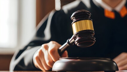 A judge's hand holding a gavel in a courtroom setting with a blurred background