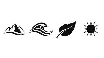 Obraz premium Set of four minimalist icons representing nature: mountains wave leaf and sun