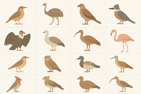 Argentinian Wild Birds Icon Grid with Hornero, Condor and Flamingo in Flat Vector