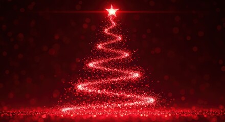 Glowing christmas tree shape formed by red glittering dust on a dark bokeh background